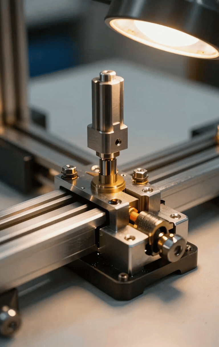 Close-up of a precision PCB assembly fixture clamped to an industrial rig, tungsten shop light raking across machined aluminium joints and fastening bolts, left-edge composition with steel and warm brass tones, assembly floor visible in shallow background