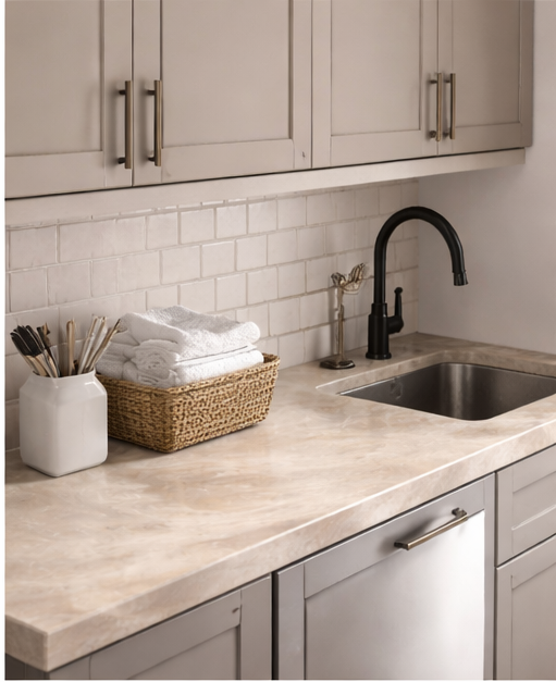 Small epoxy countertop with warm neutral tones