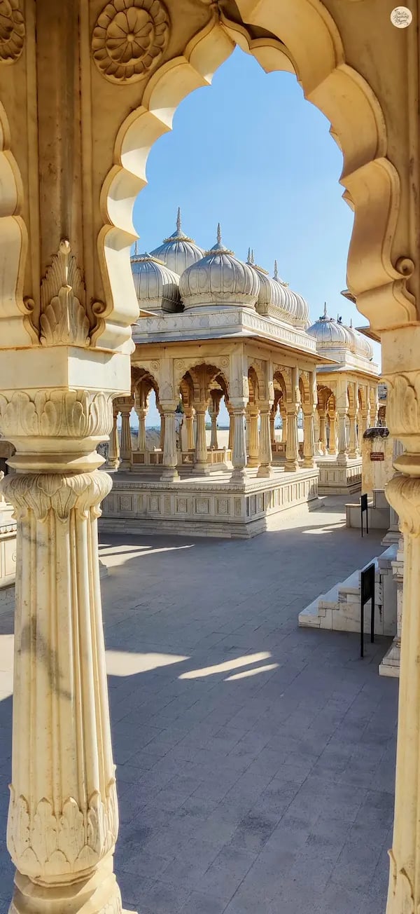 Row of marble cenotaphs at Devi Kund Sagar, Bikaner, memorializing kings and queens.