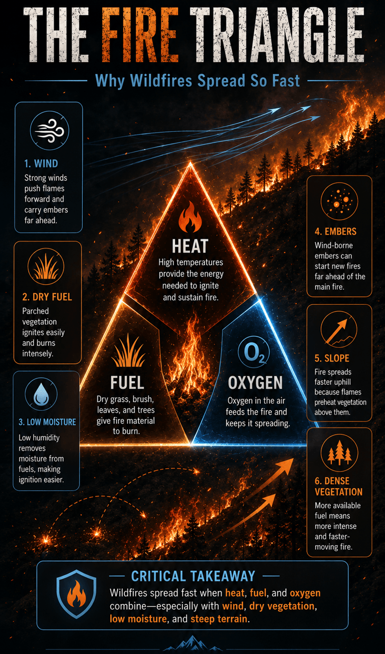 An infographic titled The Fire Triangle explaining how heat, fuel, oxygen, and wind cause wildfires to spread.