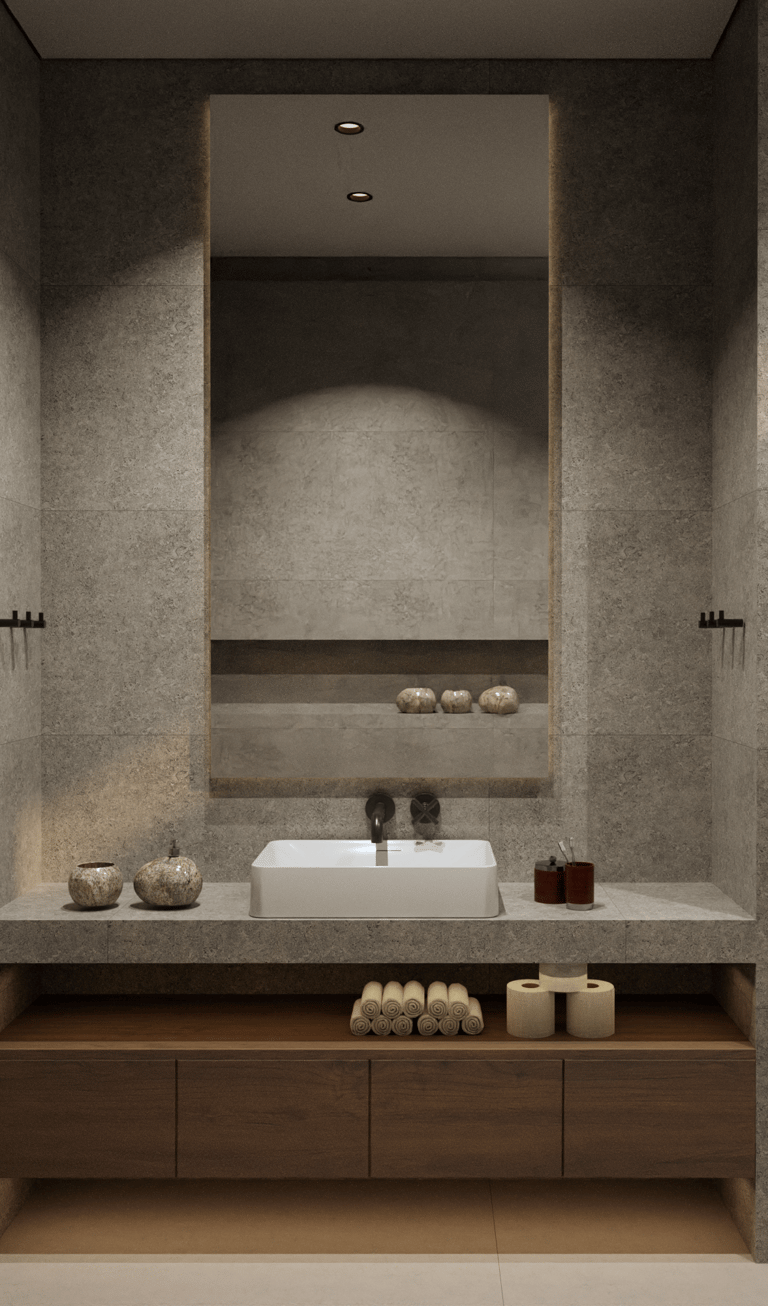 Modern bathroom featuring stone tiles and a large illuminated mirror.