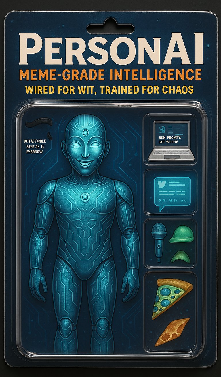 PersonAI action figure of PersonAI in a blister pack with laptop, mic, emoji, and pizza accessories for tech and meme fans.