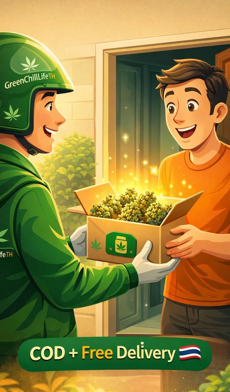 Discreet cannabis delivery in Thailand arriving at modern apartment, representing service for travelers and expats in Bangkok