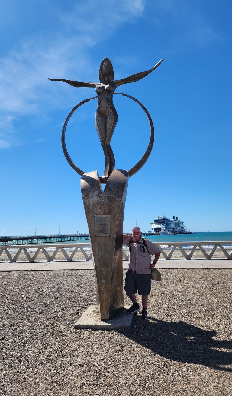 The Pirate poses at the Monument for Women in Puerto Madryn, Argentina
