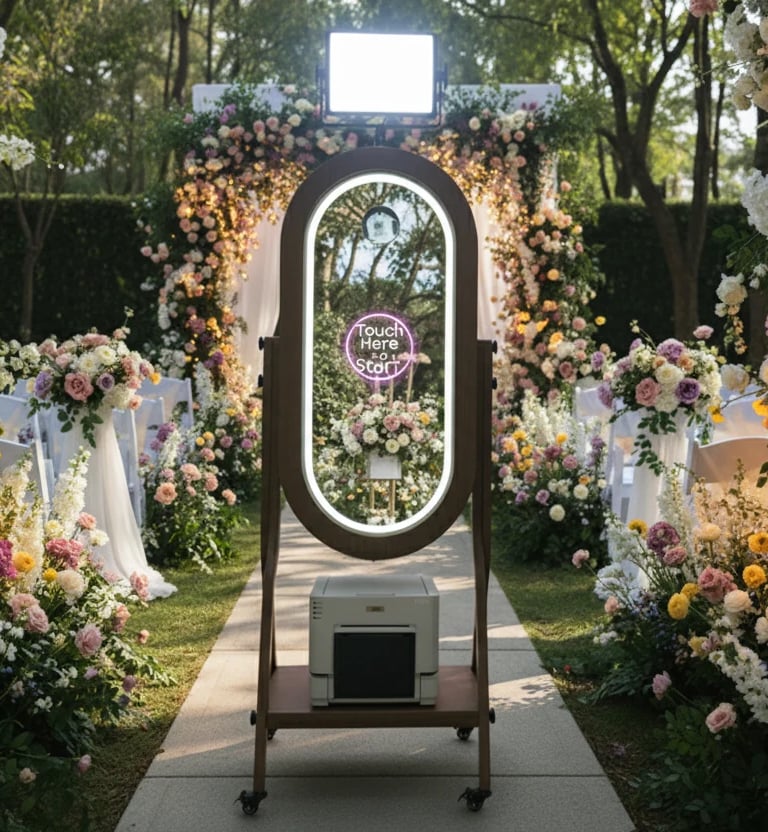 Retro wooden magic mirror photobooth rental for weddings and gathering events
