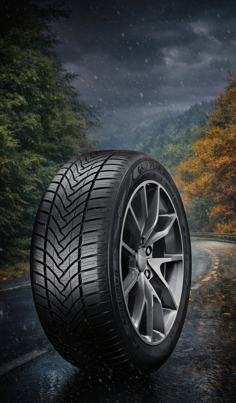 Durable winter tire with deep treads on a snowy road for enhanced traction and safety.