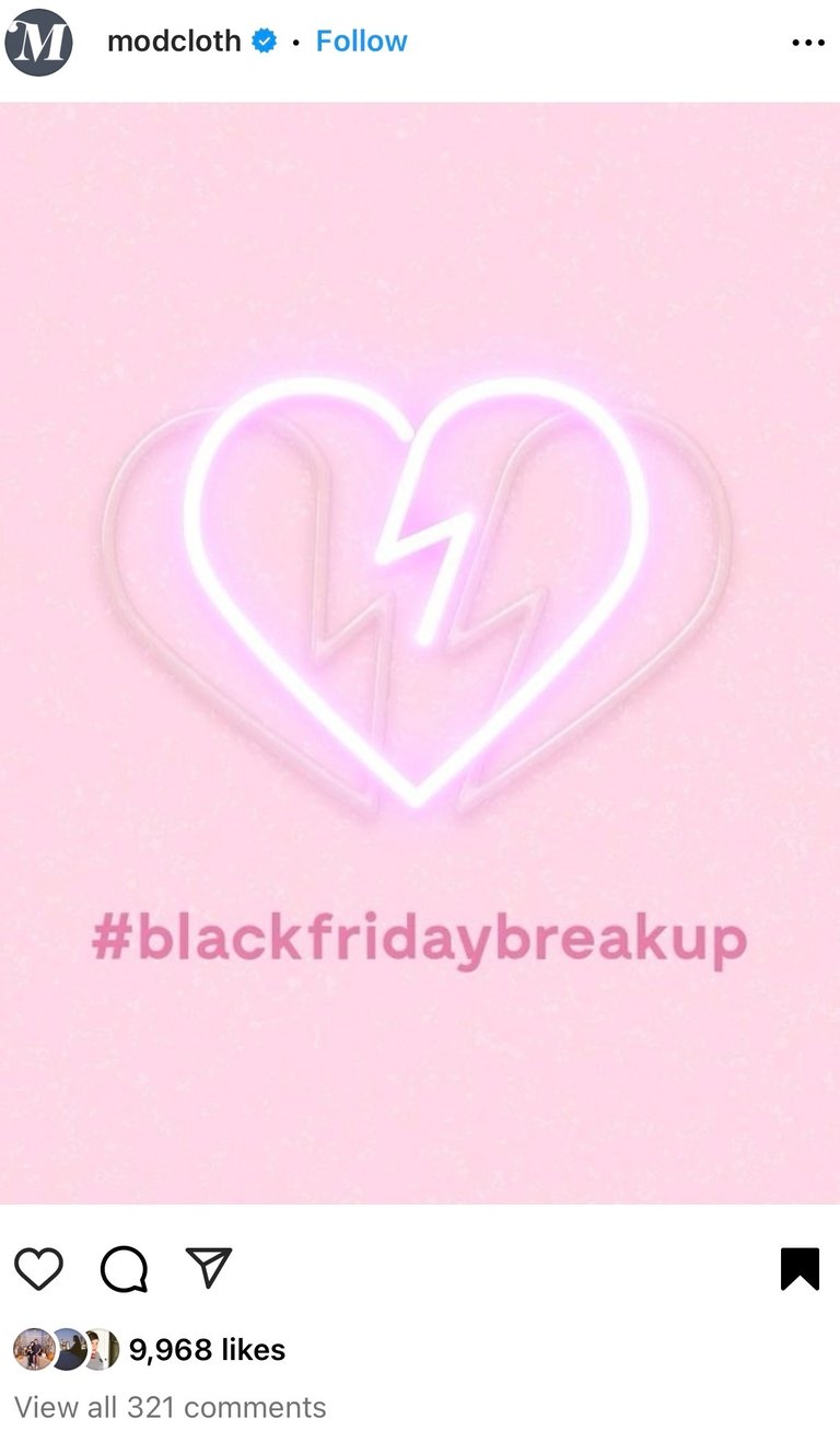 Instagram post promoting ModCloth's Black Friday Breakup campaign