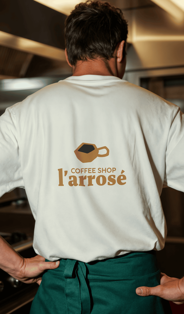 Un chef cuisinier portant un t-shirt blanc avec le logo du Coffee Shop l’Arrosé dans une cuisine pro