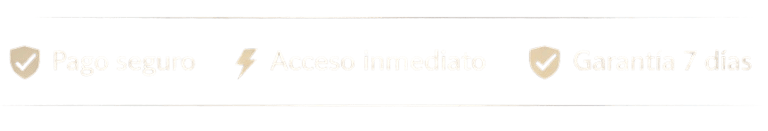 Iconos de pago seguro, acceso inmediato y garantía de 7 días sobre fondo oscuro.