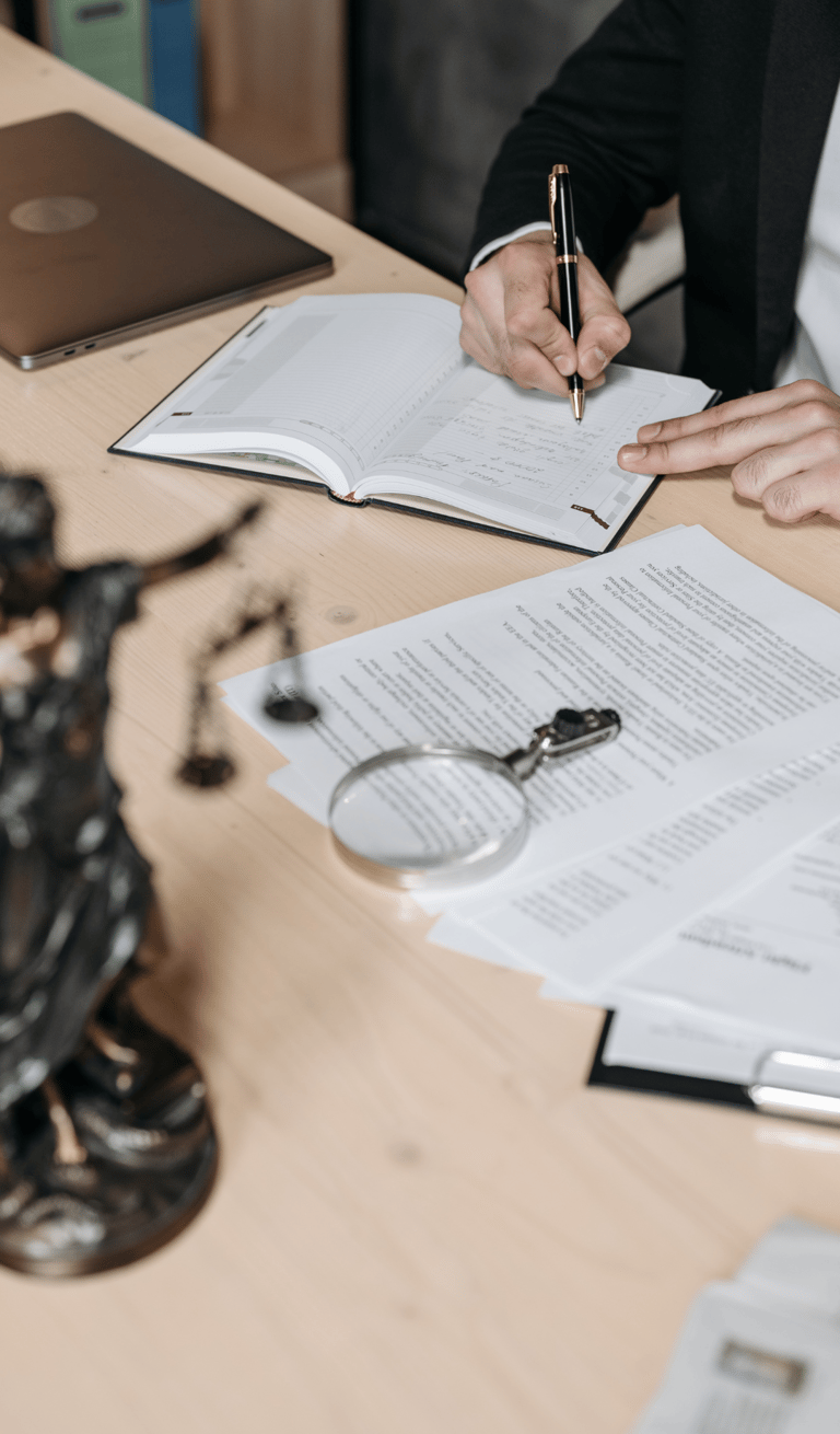 Osoba podpisująca dokument na biurku, obok otwartej książki, leży lupa oraz figura Temidy, w tle lap