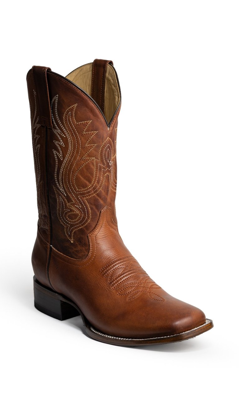 Classic brown leather cowboy boot with decorative stitching and square toe on white background.