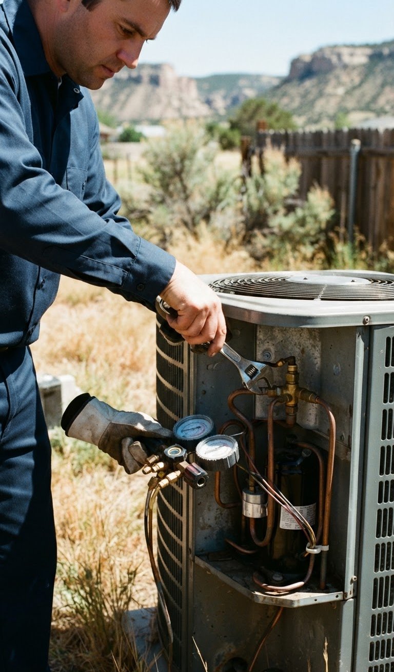 Crisp documentary photo of a Canon City AC Repair Experts technician in a clean uniform, diligently working on an outdoor condenser unit in bright Colorado midday sunlight, close-up on hands and tools, sharp focus.
