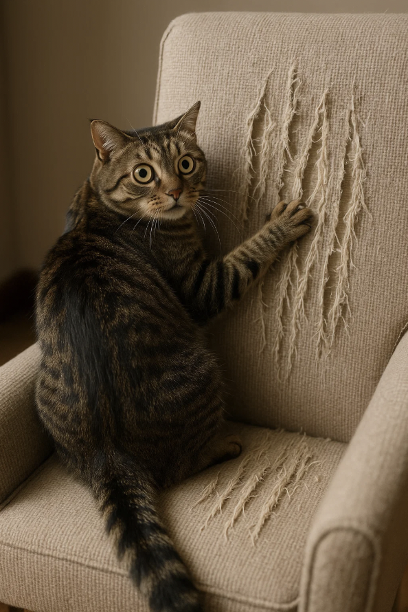 Un chat surpris pendant qu'il lacère un fauteuil pour la journée internationale du chat.