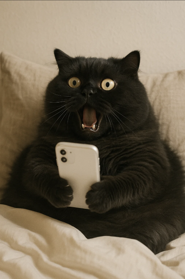 Un chat noir découvre les superstitions sur son espèce sur internet pour la journée des chats.