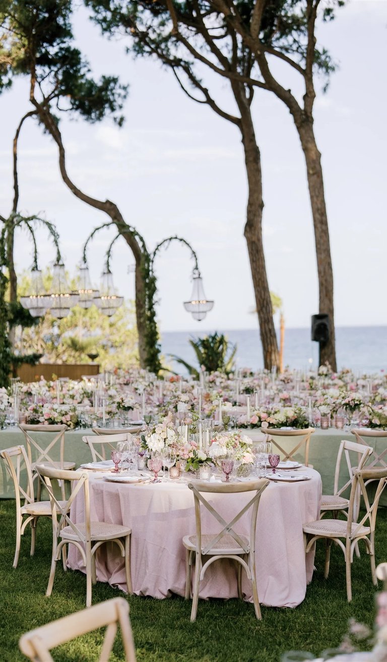Seafront garden event layout with chandeliers and banquet tables