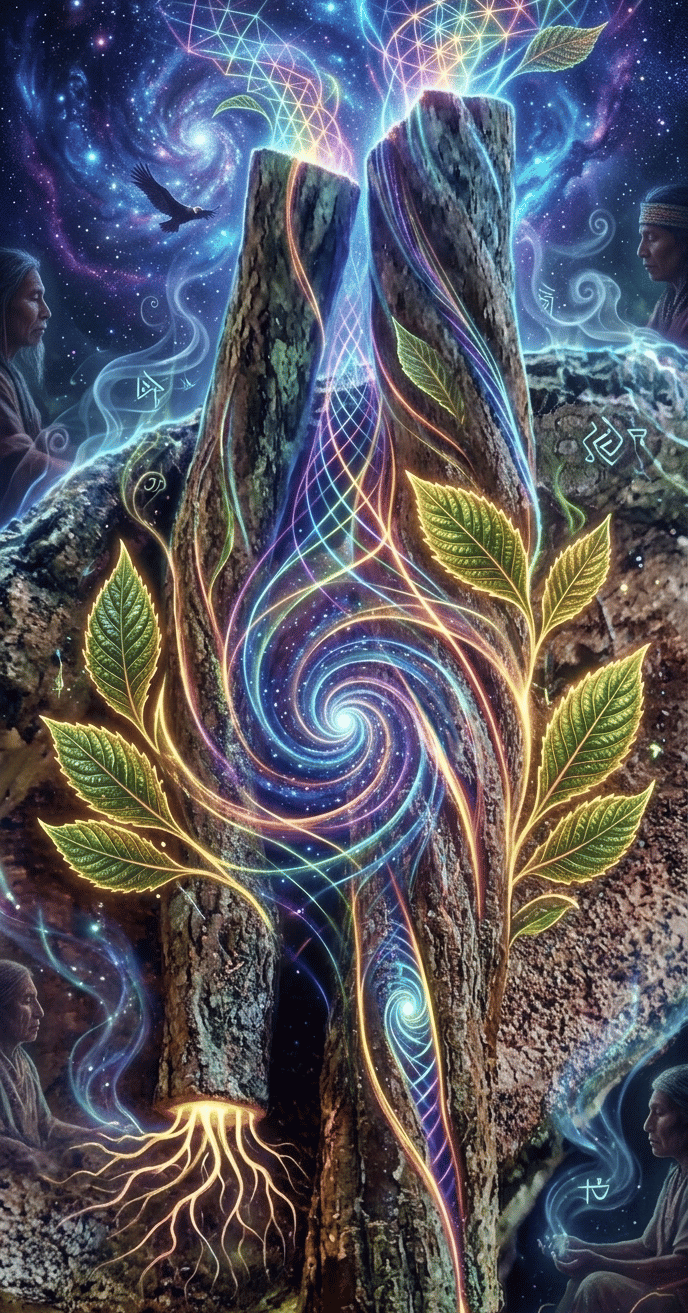 ayahuasca ceremony with shamans, luminous and sacred cosmic vines.