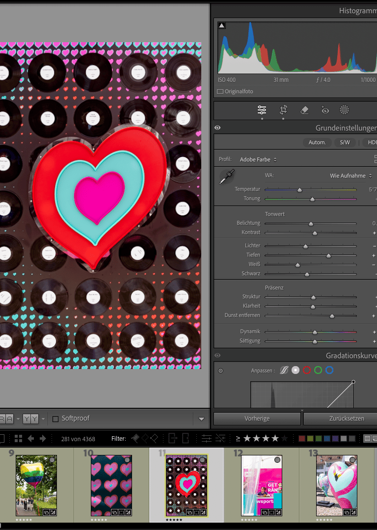 Lightroom-Oberfläche mit Farbverlauf und Histogramm – Beispiel aus dem Grundlagenkurs LrC