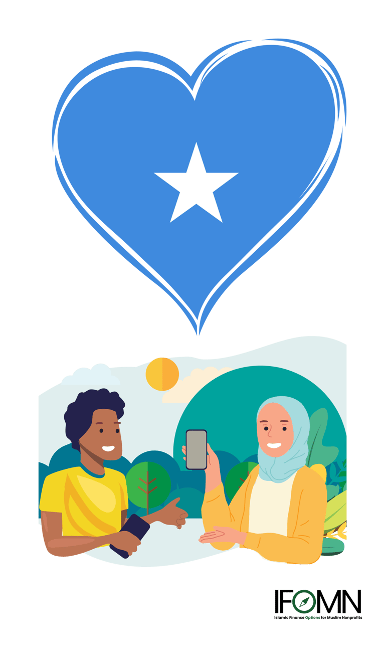 a woman in a yellow shirt is holding a cell phone with a blue heart with the Somali flag