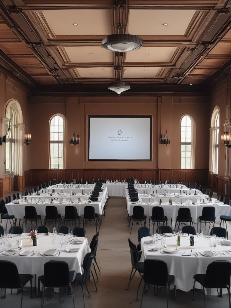 a large room with tables and chairs and a projector