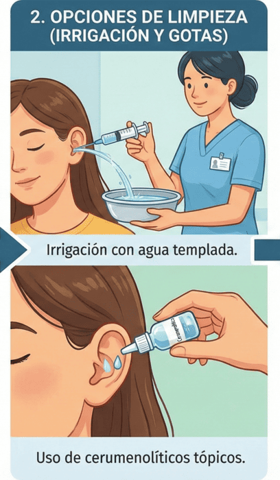 opciones de limpieza en el proceso de limpieza de cerumen por un otorrinolaringólogo