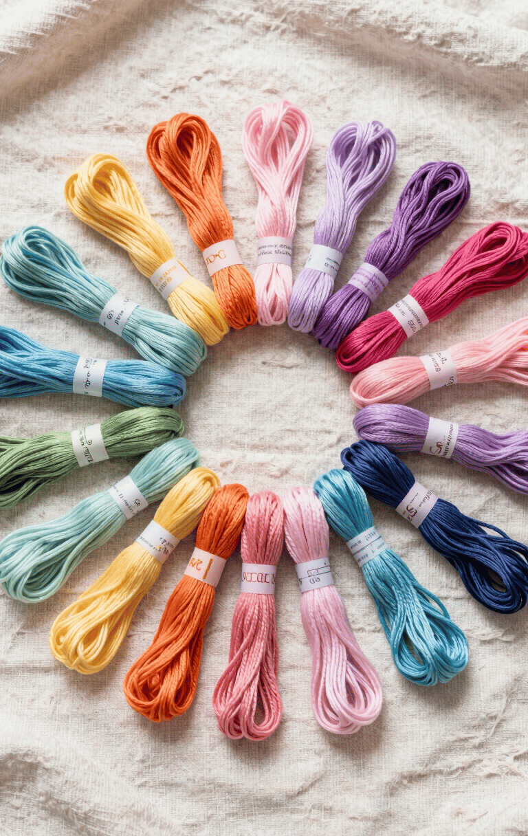 Overhead flat-lay of pastel DMC embroidery floss skeins arranged in a neat color wheel on textured linen, soft natural daylight.
