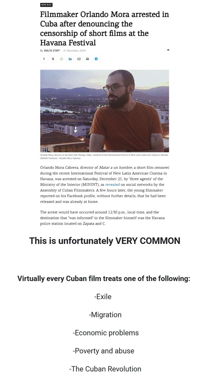 News article reporting filmmaker Orlando Mora arrested in Cuba for denouncing censorship at Havana Festival.