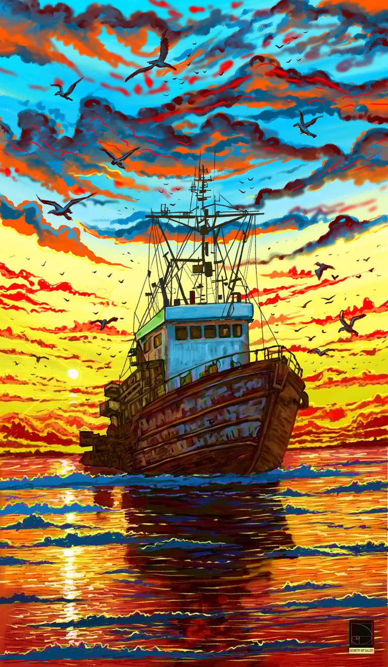 landscape painting  of sun rise with sailing boat and flying birds made using photoshop