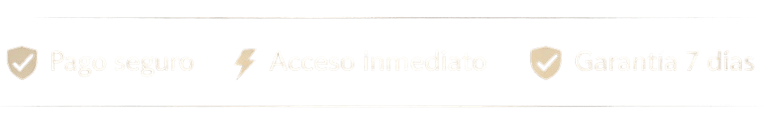 Iconos de pago seguro, acceso inmediato y garantía de 7 días sobre fondo oscuro.