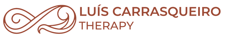 An infinity symbol with added spiral and comma shapes, text says Luís Carrasqueiro Therapy