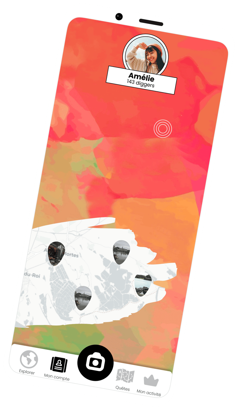 Capture d'écran de l'application Diggers montrant la carte d'un utilisateur avec des vignettes photos publiées