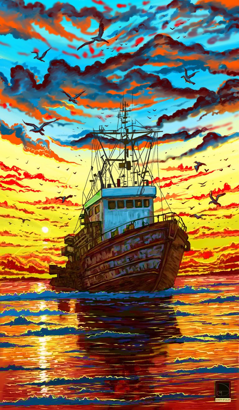 landscape painting  of sun rise with sailing boat and flying birds made using photoshop