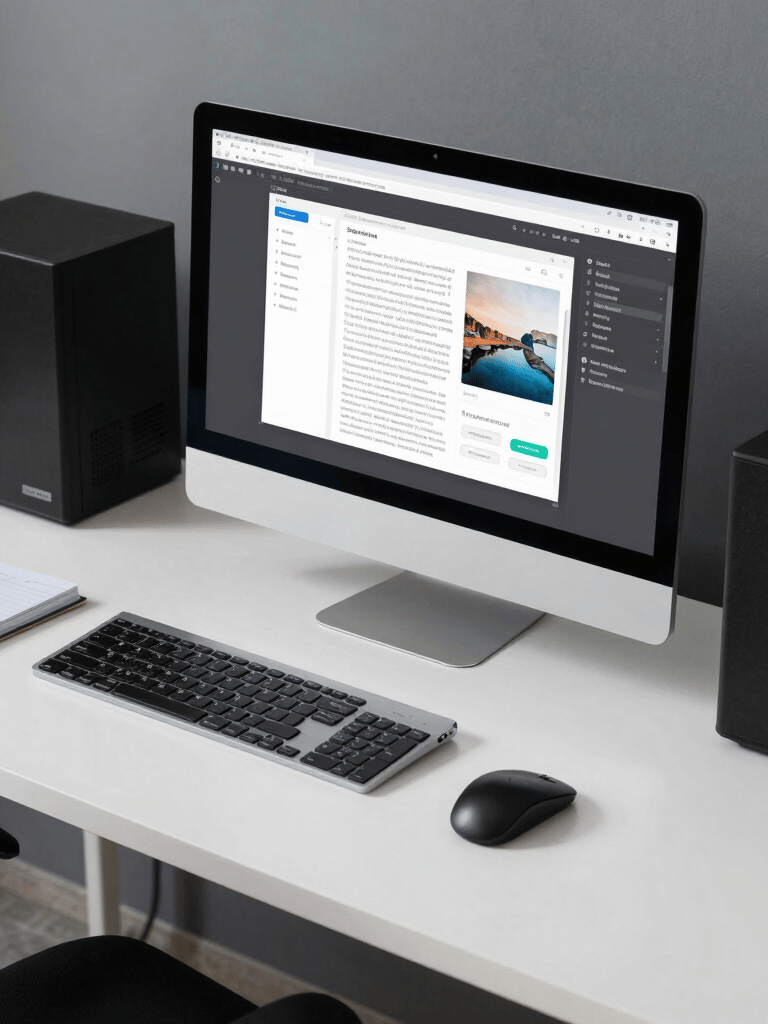 A creative workspace with sketches, a laptop displaying graphic design software, and photography equipment.