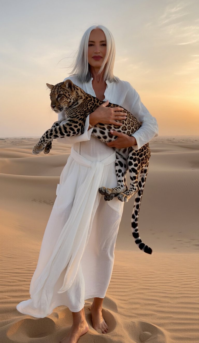 Private jet planner nel deserto, abito bianco, felino in braccio.