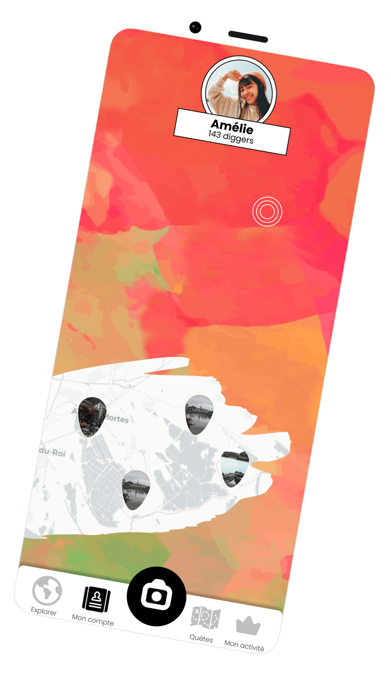 Capture d'écran de l'application Diggers montrant la carte d'un utilisateur avec des vignettes photos publiées