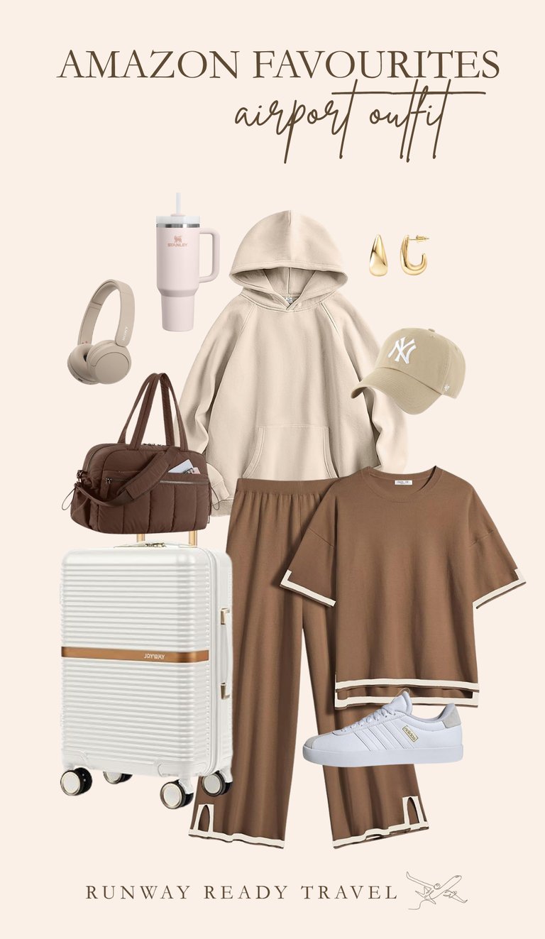 Photo Collage showing womens stylish airport outfit - neutral tones, Adidas sneakers and NYC cap