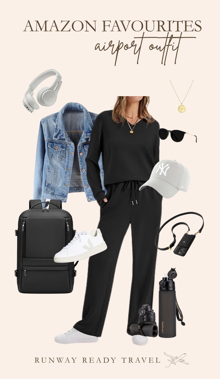 Black travel outfit flat lay with denim jacket, Grey NY cap and backpack. Amazon edit. 