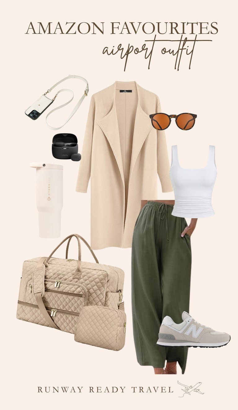 Neutral travel outfit flat lay with beige coatigan, carry-on bag set and earbuds. Amazon edit. 