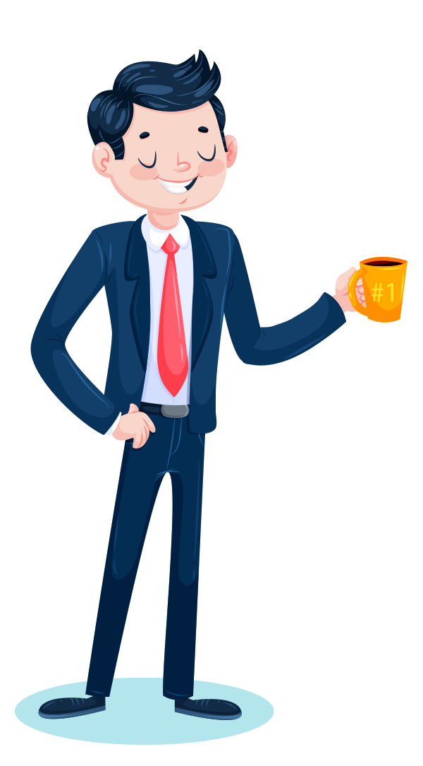 a man in a suit and tie holding a cup of coffee