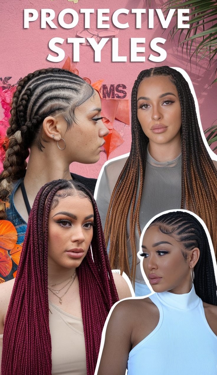 A side-by-side comparison of natural hair length before and after consistent use of protective styles, highlighting visible g