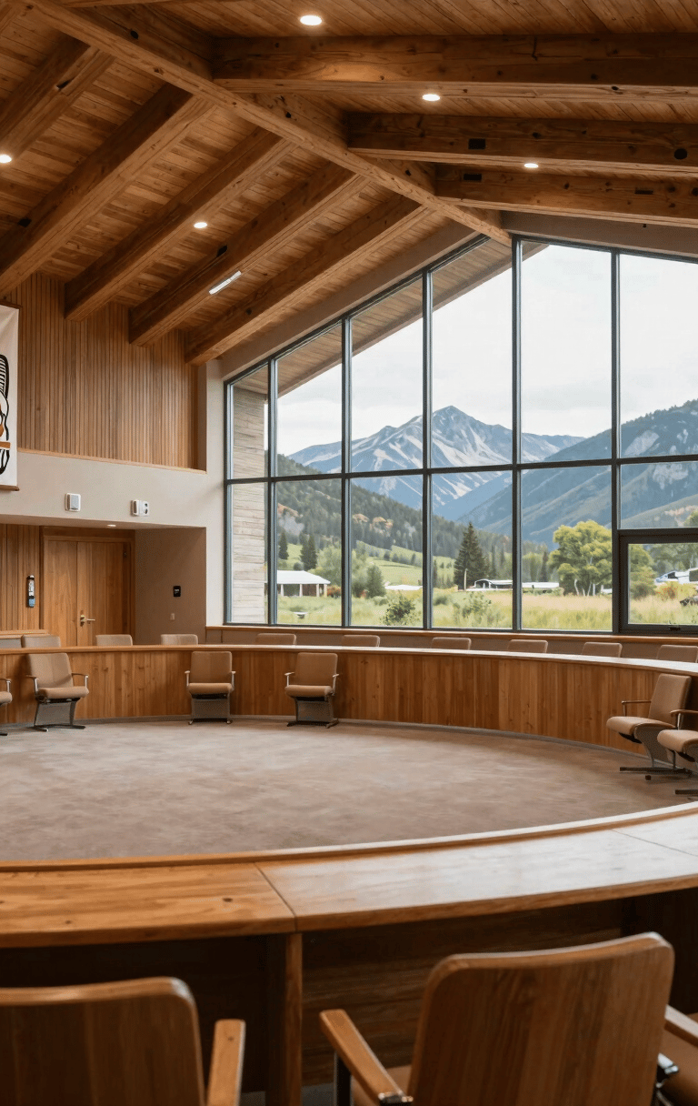A wide shot of a contemporary tribal council chambers featuring North American Indigenous architectural elements, clean lines, and large windows looking out to a mountain landscape. Professional atmosphere.