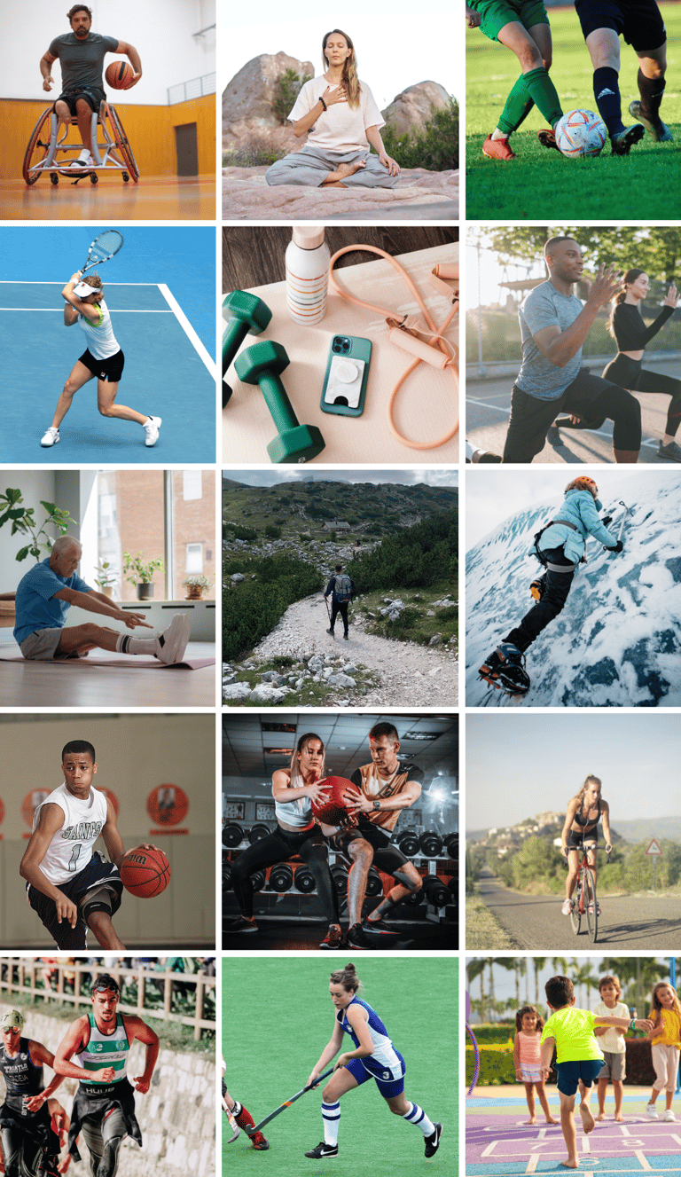 un collage de fotos de personas practicando diferentes deportes