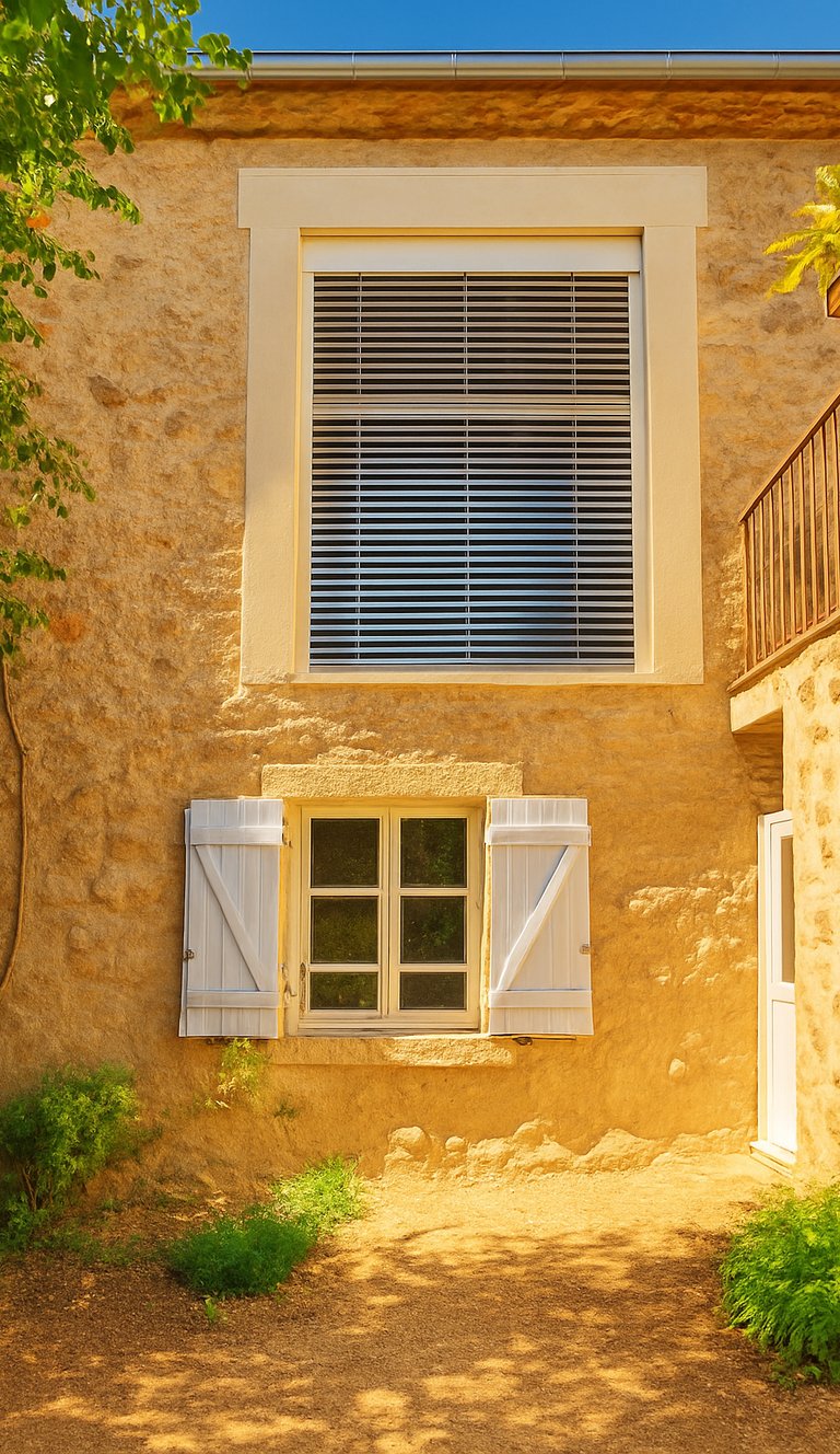 Brise-soleil orientable installé sur la façade d'une maison en pierre à étage