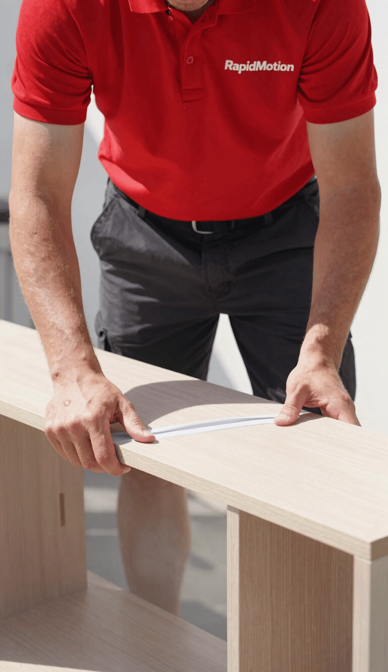Portrait-oriented shot of a RapidMotion mover in red shirt and black shorts carefully wrapping a piece of furniture, bright natural daylight, high contrast, focused on hands and professional attire.