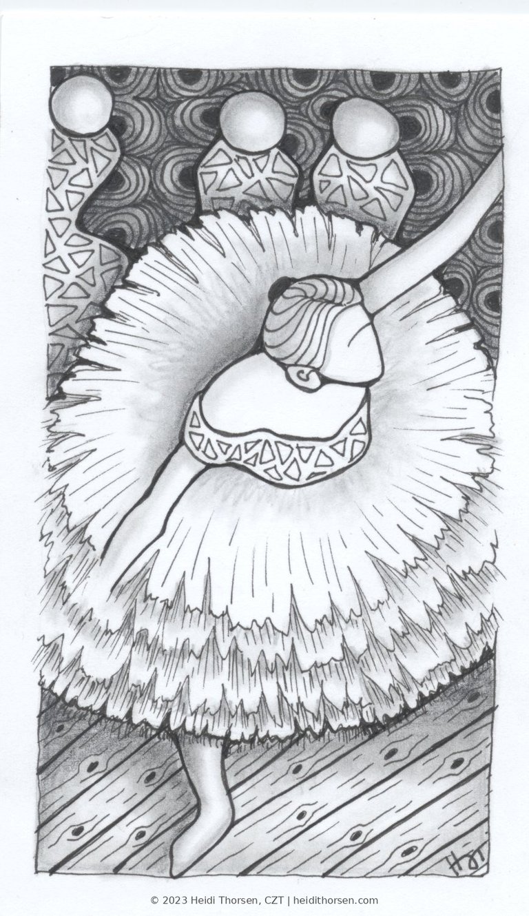 Degas Dancer, 2023, by Heidi Thorsen, CZT. Tutu drawn in dega2 tangle, wood floor in dega1.
