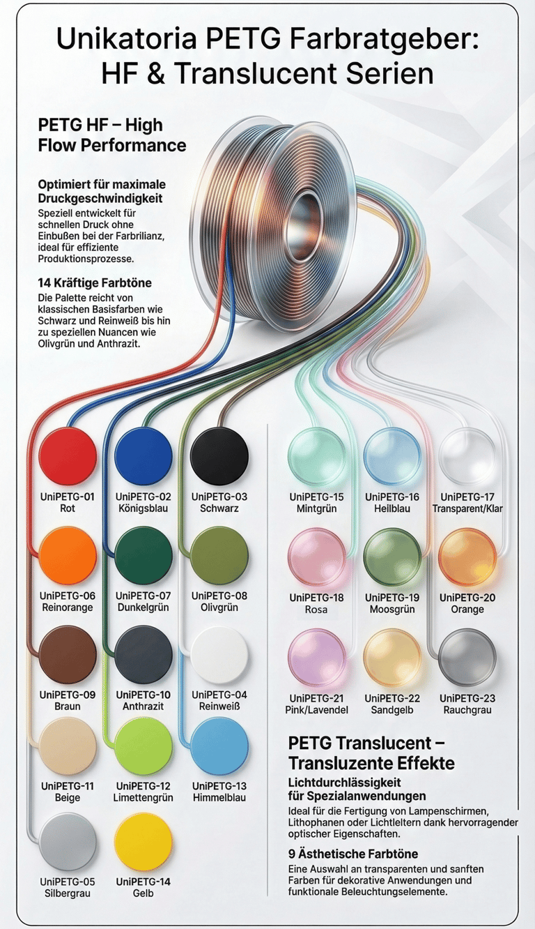 Unikatoria PETG color guide showing HF high flow and translucent 3D printer filament color samples.