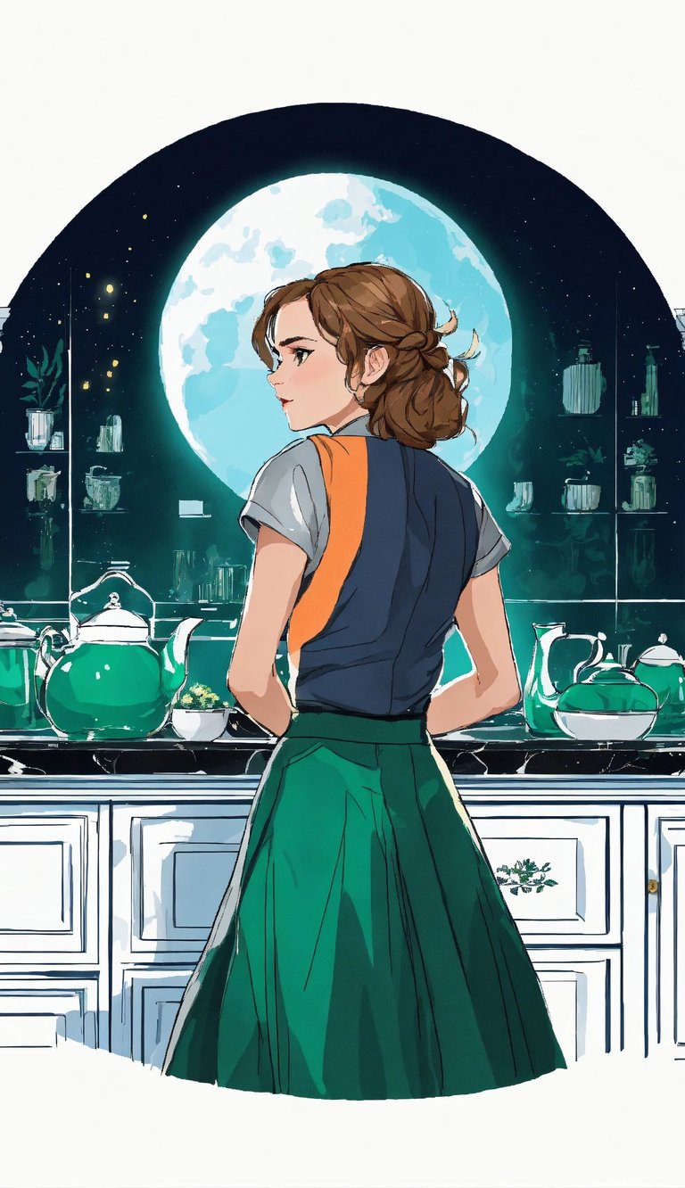 a woman in a green dress standing in front of a full moon