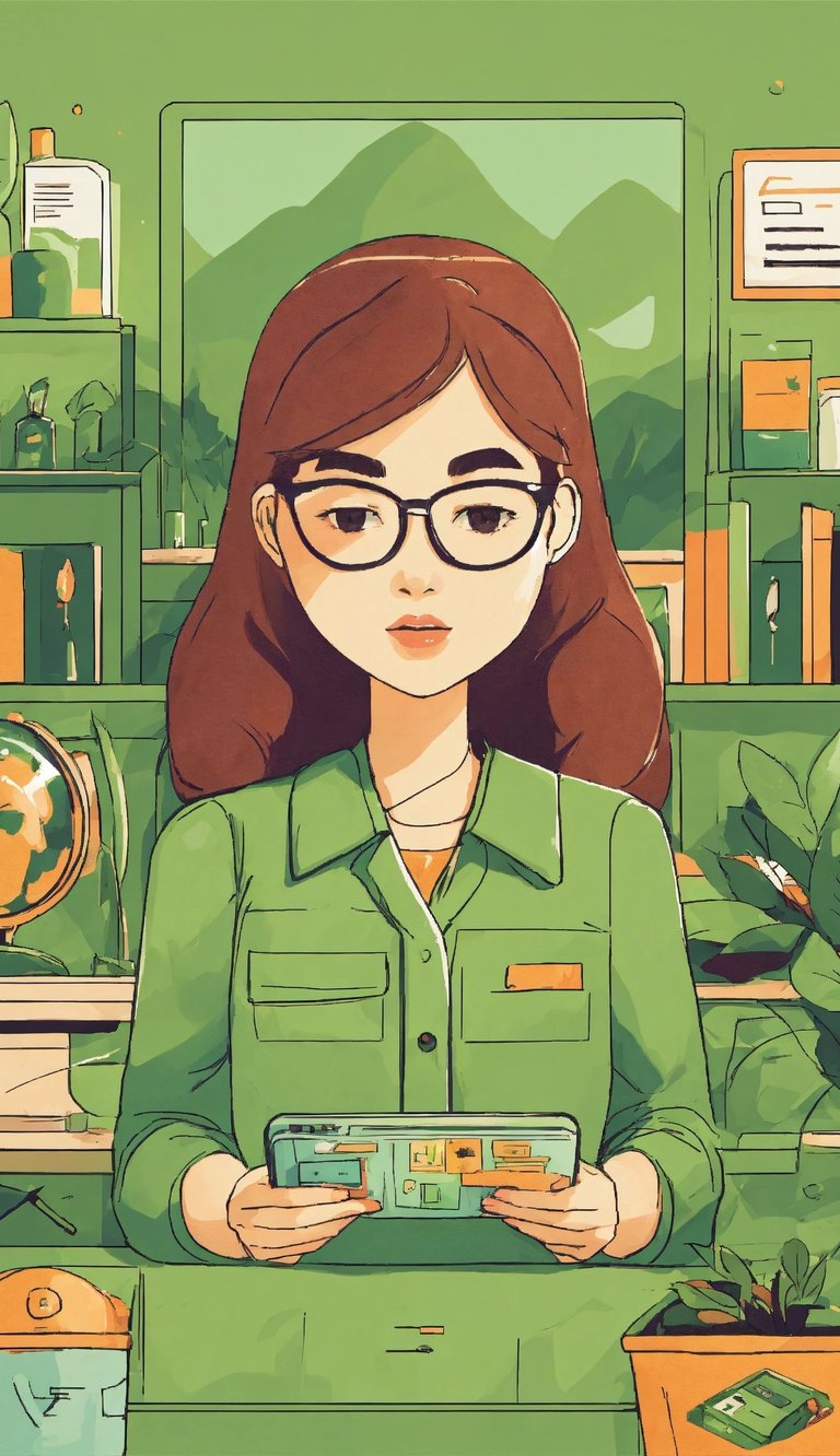 a woman in a green shirt and glasses holding a tablet