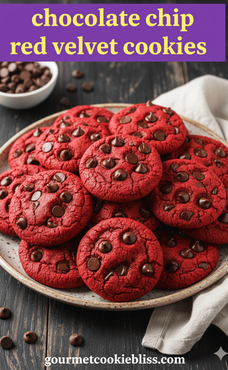 An overhead shot of a platter overflowing with vibrant red velvet chocolate chip cookies,.