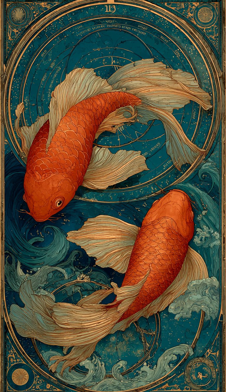 2 poissons orange dansent dans des vagues bleues.