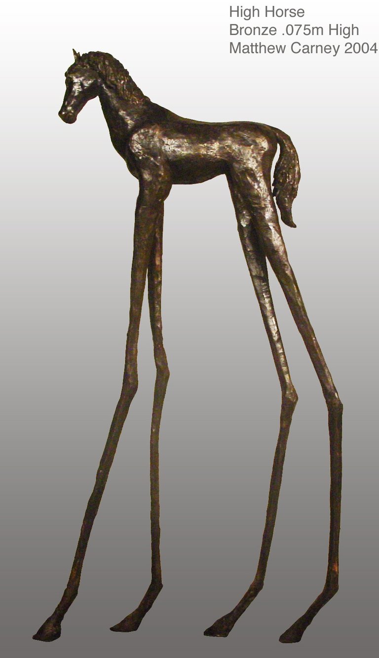 a bronze statue of a horse with very long legs